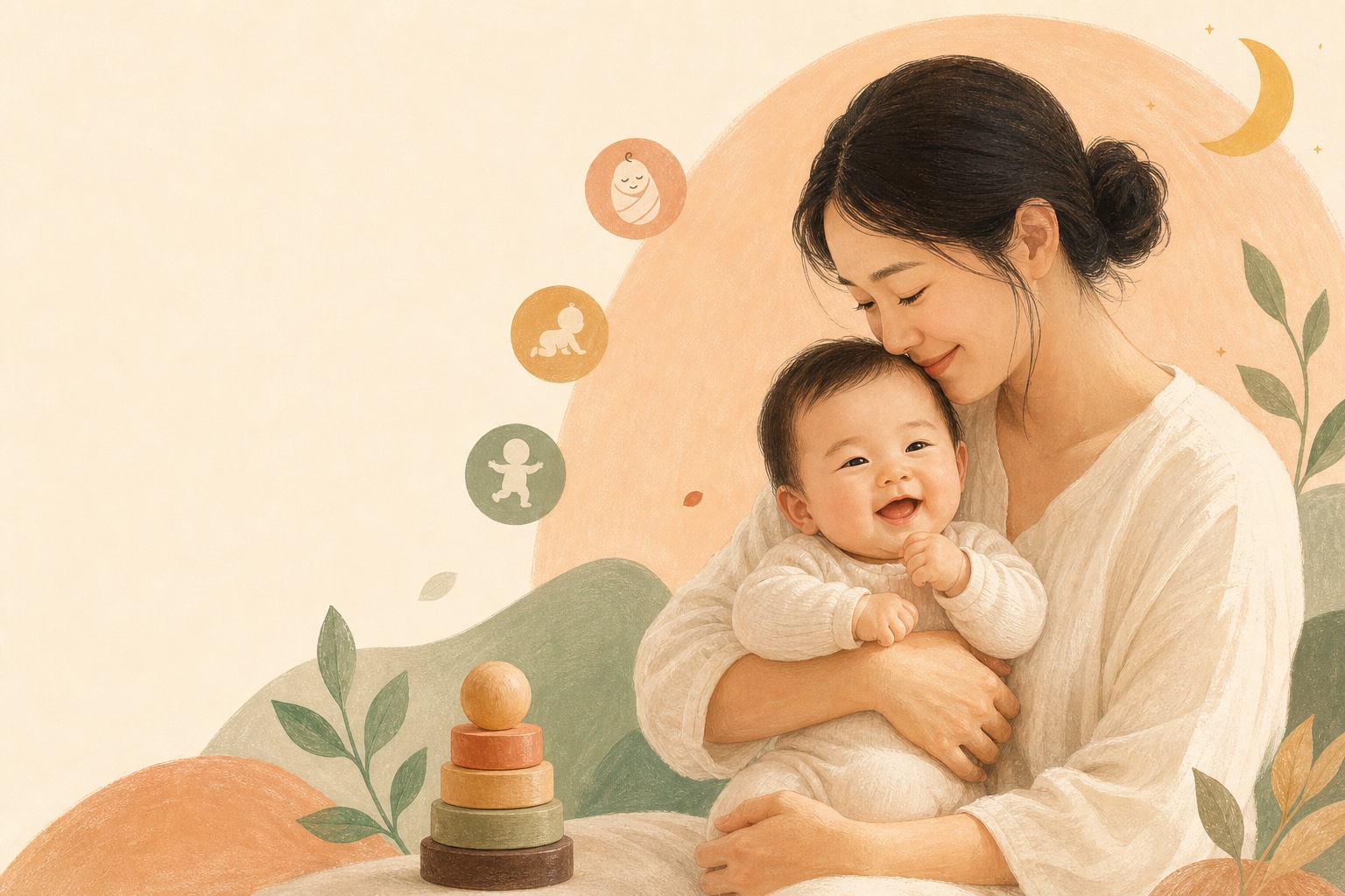 一位家长温柔抱着微笑的宝宝，周围点缀着成长阶段图案